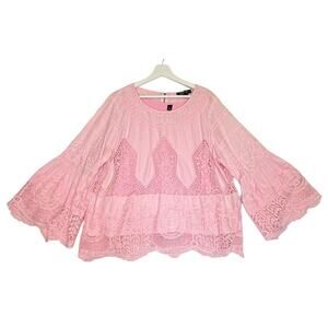 A.Z.I. New York Women's Light Pink Floral Embroidered Bell Sleeve Blouse Top L